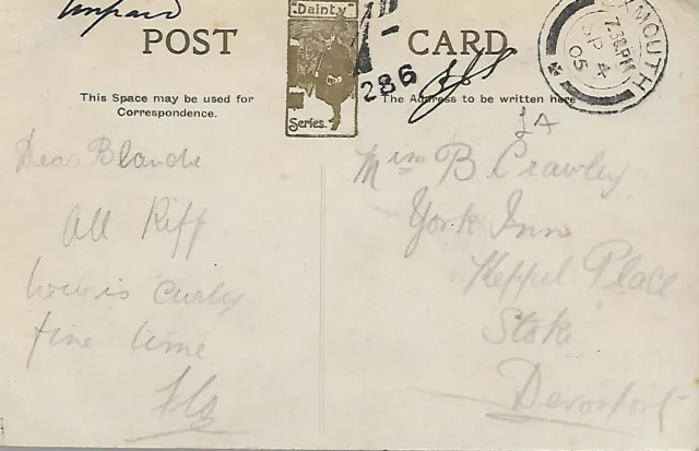 1d POSTAGE DUE CACHET ON 1905 POSTCARD FROM EXMOUTH   MY REF 488