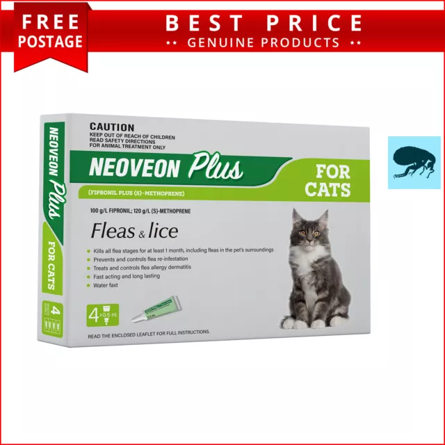 Neoveon Plus for Cats and Kittens 4 Doses Flea Treatment GREEN Shipping FREE