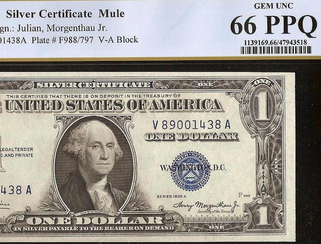 1935 A $1 DOLLAR BILL V-A MULE SILVER CERTIFICATE NOTE Fr 1608m PCGS GEM 66 PPQ