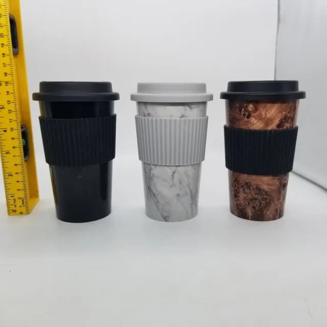 Lot Of 3 18 Oz Marble/Wood Design Tumbler Cup With Lid & For Hot/Cold Drinks