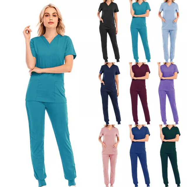 Summer Mens Womens Hospital Medical Nursing Scrub Unisex Tops Pants Uniforms Set