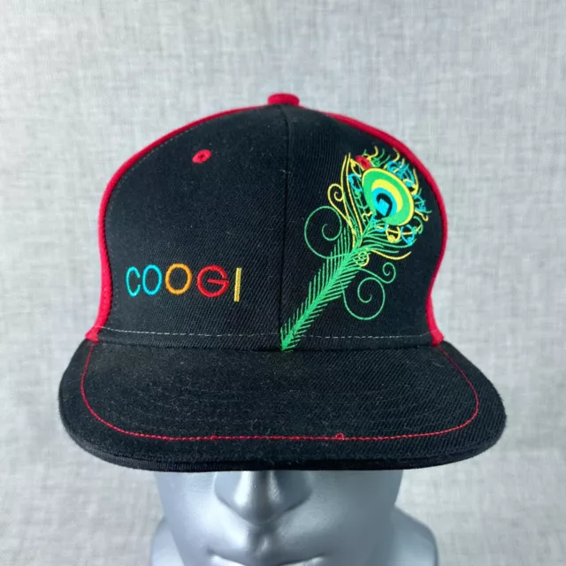COOGI Fitted Hat 7-1/2 Embroidered Baseball Cap Peacock Feather Black Red Y2K