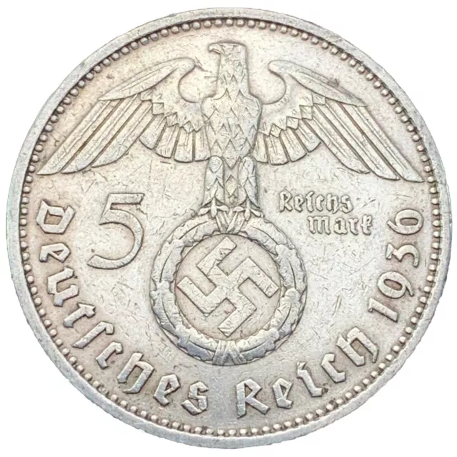 Rare Third Reich WW2 German 5 Reichsmark Hindenburg Silver Coin