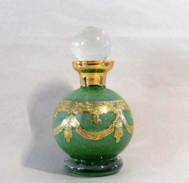 Botella de perfume vintage de vidrio soplado verde jade de 6" oro dorado dorado botines clásicos