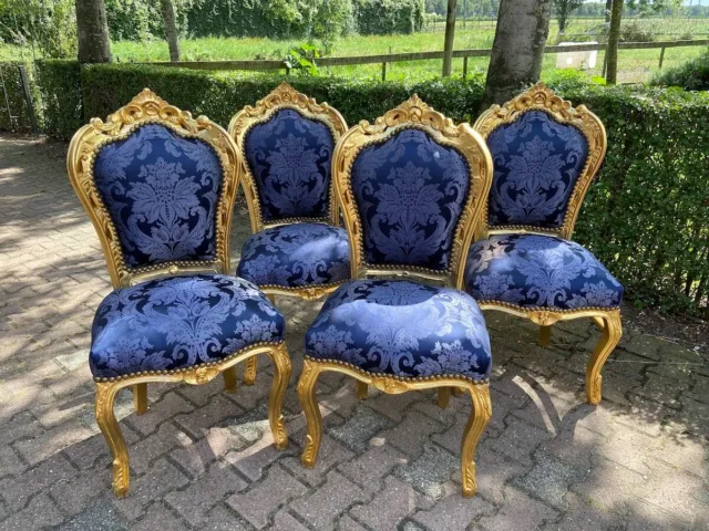 French Louis XVI dining chairs in gold beech and blue damask-set of 4