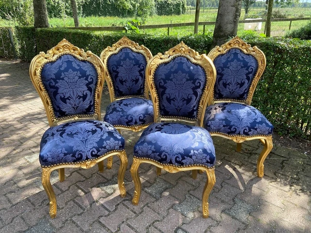 French Louis XVI dining chairs in gold beech and blue damask-set of 4 French Louis XVI dining chairs in gold beech and blue damask-set of 4