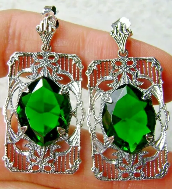 Emerald Sim Art Deco 1920's Sterling Silver Filigree Earrings (Custom-Made)* E24