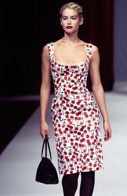 DOLCE & GABBANA Vintage 1996 Runway Silk White Cherry Print Dress 