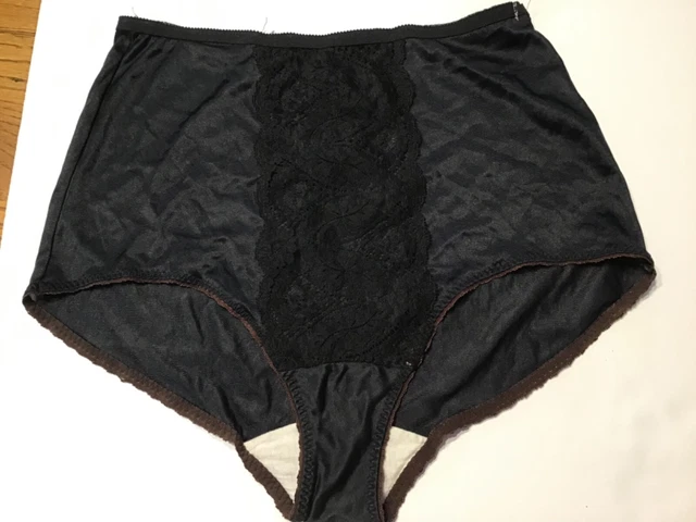 VTG Black Lace Silky Nylon Panties Sissy Sexy Satiny Granny Brief Sz 5 USA