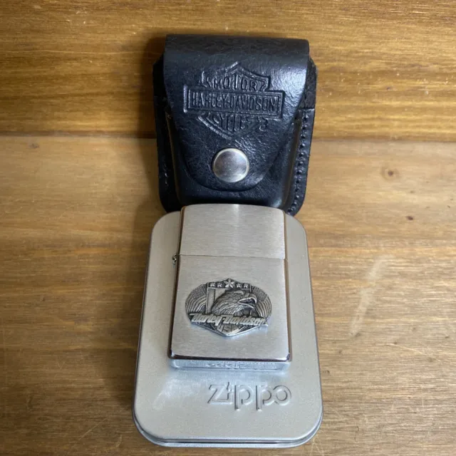 Zippo Vintage 1995 Harley Davidson Eagle Lighter With Leather Belt Case Box