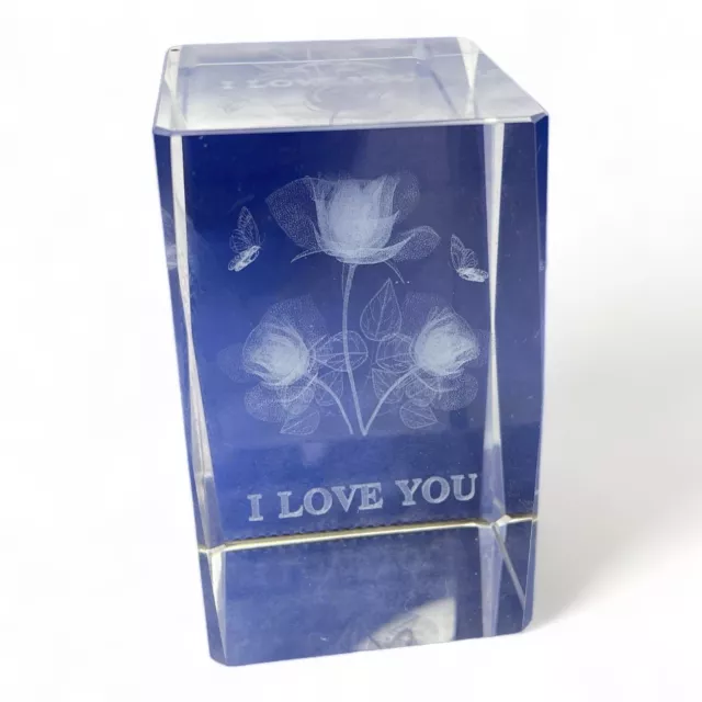 I Love You Rose 3D Laser Etched Clear Crystal Glass Cube Paperweight Gift