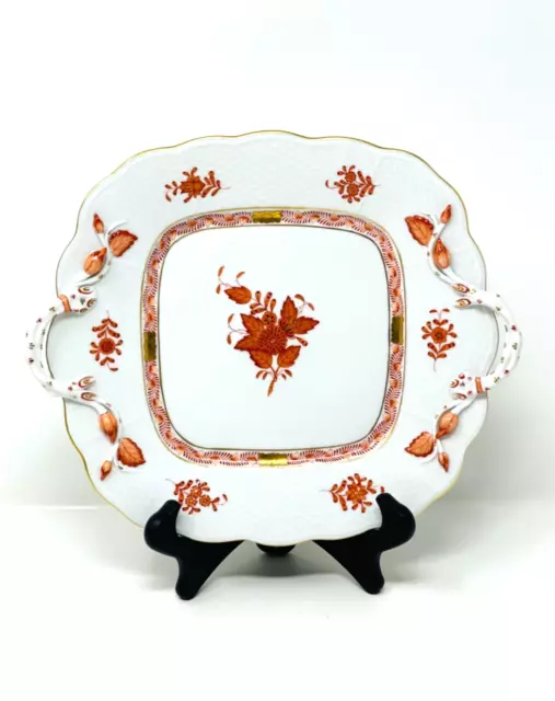 Herend CHINESE BOUQUET RUST Square Handled Dessert Cake Plate Platter 11.25”