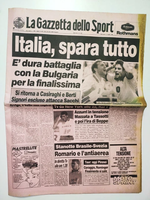 Gazzetta Dello Sport – 5 Juillet 1994 – Coupe Du Monde USA 94 – Brésil, Italie, Baggio