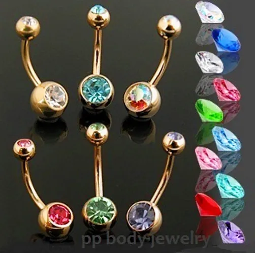 Double Gem Gold Plated Surgical Steel Navel Ring Belly Button Ring 14G 3/8"