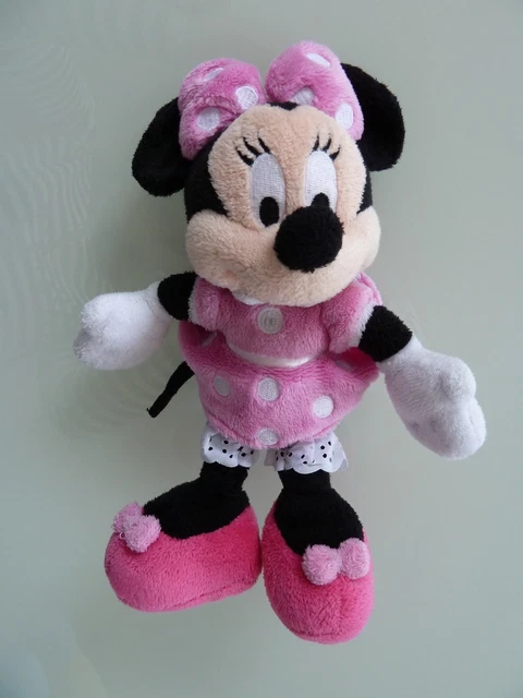 F5- DOUDOU PELUCHE MINNIE DISNEY STORE NOIR ROBE ROSE POIS BLANC 23cms - TBE