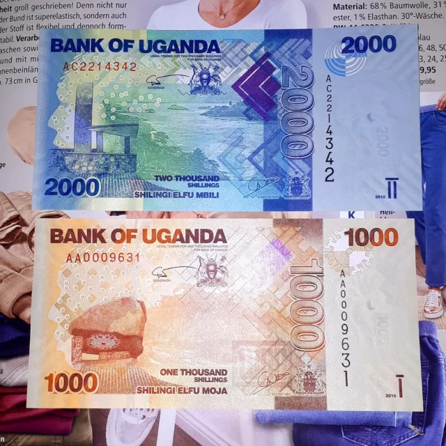 2 Banknoten aus Uganda 1000, 2000 Shilling 2010 UNC.