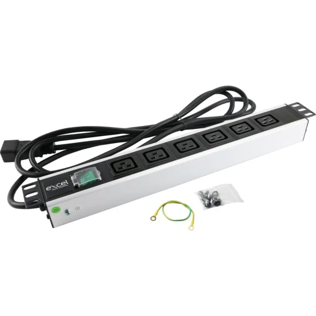 Excel 48.3cm 6 Voie Horizontal Pdu 6 X 16A C19 IEC Prises C20 Interrupteur 2m