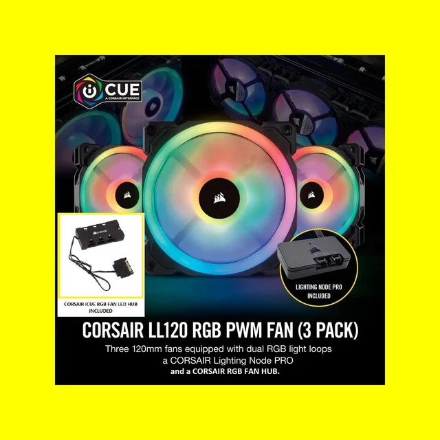 CORSAIR ICUE RGB LL120 DUAL LIGHT LOOP LED PWM 120MM FANS x3 + NODE PRO ...
