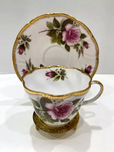 Vintage Queen's Fine Bone China Tea Cup & Saucer Pink Rose Gold Trim England