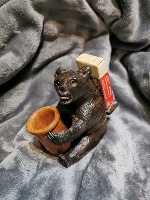 Antique Black Forest Carved Wooden Bear Match Box Holder