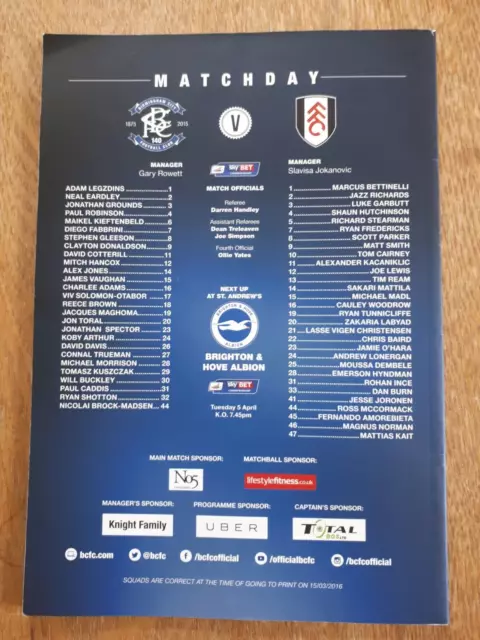 Birmingham City v Fulham Sky Bet Chamionship Matchday Programme 19th March 2016 2