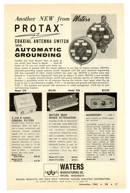 CQ Ham Radio Mag. Ad PROTAX Coaxial Antenna Switch from WATERS (9/65)