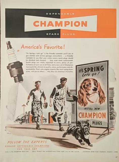 1949 Vintage Champion Spark Plug, Print Ad, Baseball & Dog Sign