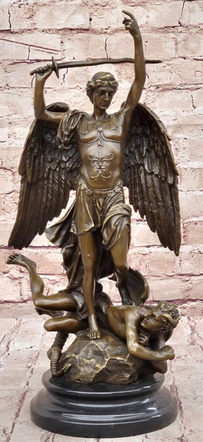 100% SOLID BRONZE sculpture St Michael slaying the Dragon on Marble ...