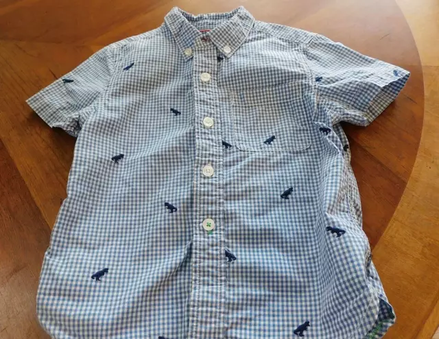 Boden blue plaid S/S button-up shirt w dinosaur embroidery toddler boy 3/4