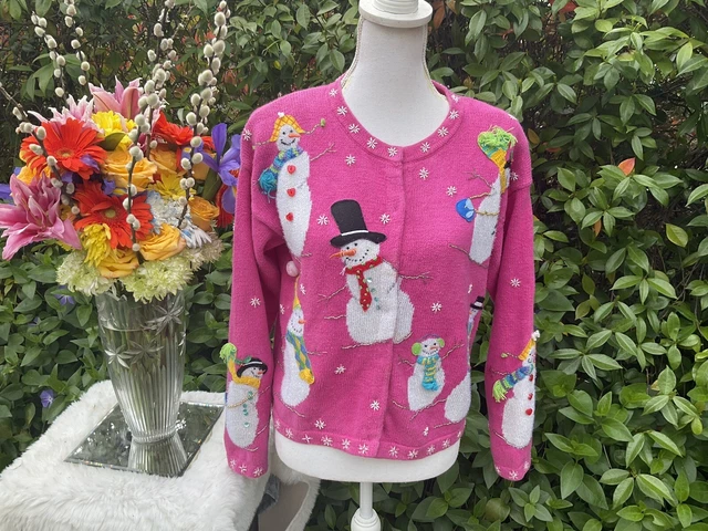 Design Options Jane’s Closet Sz S Snowman ⛄️ 3D Beaded Sequin Pink Xmas Sweater