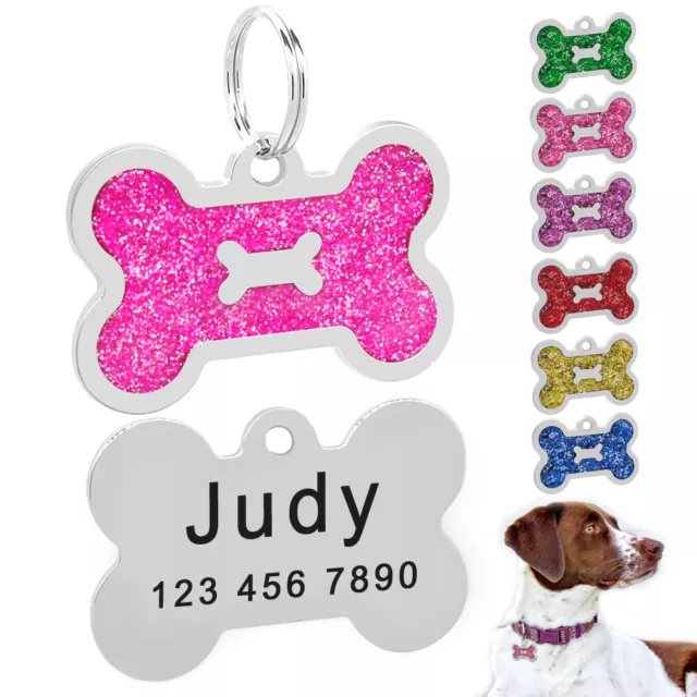 Personalised Dog Tags Engraved Disc Disk Pet Cat ID Name Collar Tag Bone Glitter