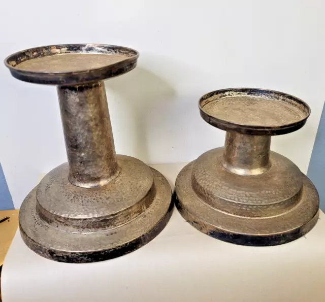 Set of 2 Bombay Pillar Candle Holders Hammered Silver Tone Largest 8" Tall