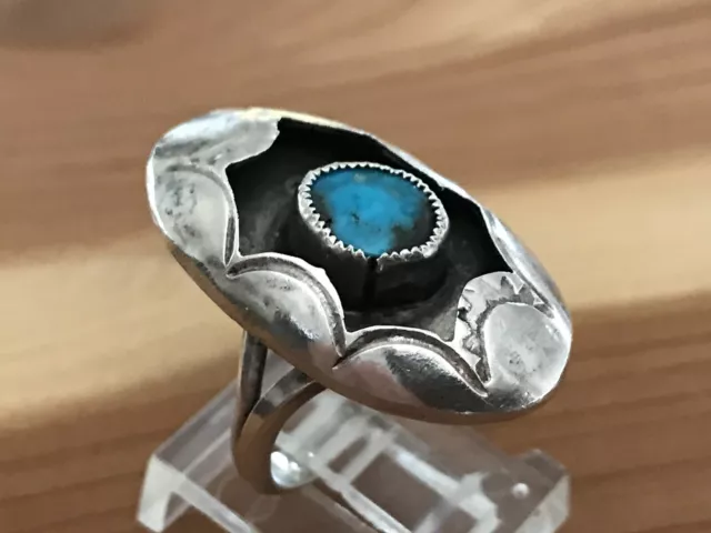 Vtg Native American Navajo Sterling Silver Shadow-Box Blue Turquoise Ring Size 6