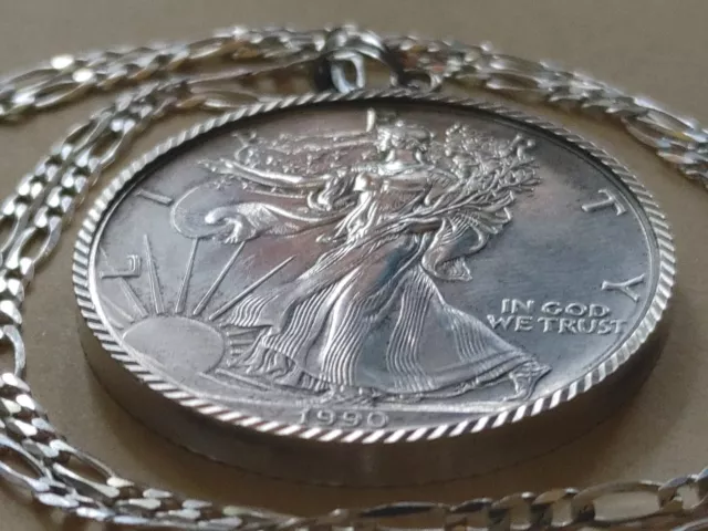 1990 American Pure Silver Eagle Coin pendant 24" Figaro 4mm Sterling .925 chain