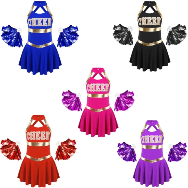 Mädchen Karneval Kostüm Cheerleader Kleid mit Pompoms Cheerleading Uniform Set