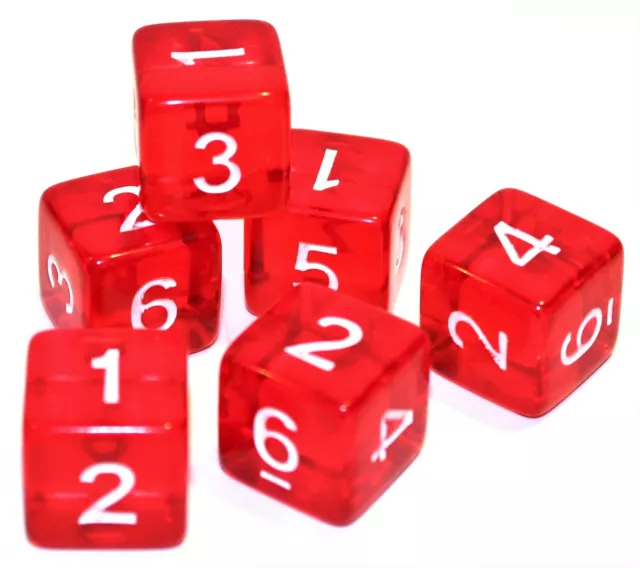 New Set of 6 Numbered D6 Six Sided Standard 16mm Dice - Translucent Red