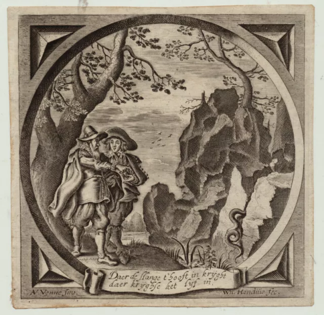 SCHLANGE am Felsen Original Venne / Hondius Kupferstich um 1650 Holland Männer