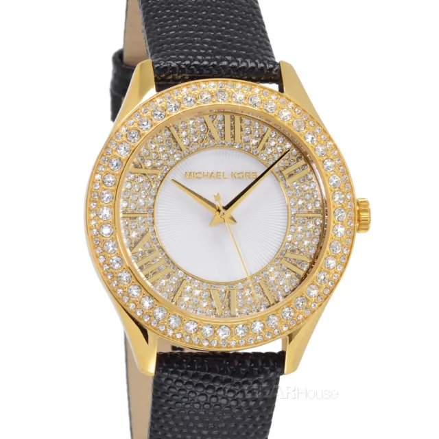 Michael Kors Harlowe Womens Pave Glitz Watch Gold White Dial Black Leather Band