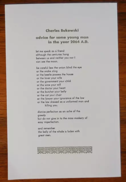 Charles Bukowski / Poetry Broadside Advice for Some Young Man in the Year 1st ed