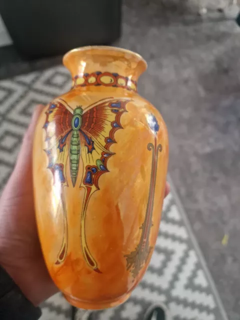 Crown Ducal Orange Art Deco Butterfly Vase ,stunning 3
