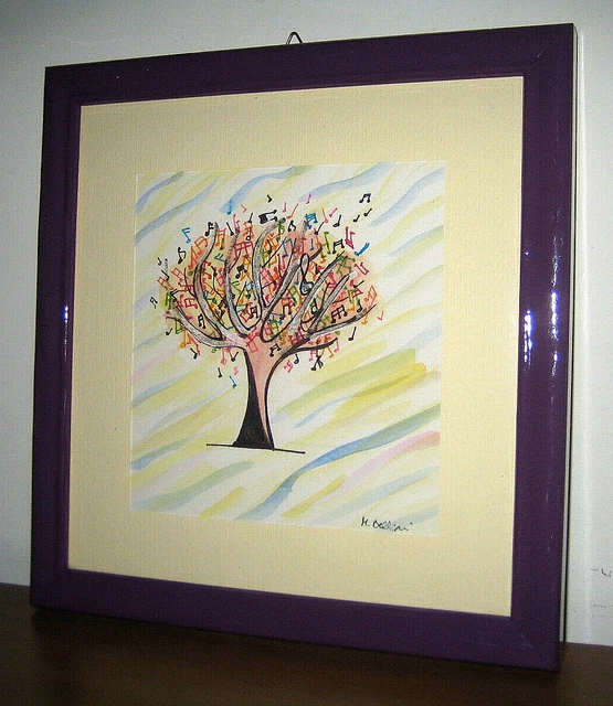QUADRO Acquerello firmato M. Bellini Albero Musicale Cornice in legno laccato