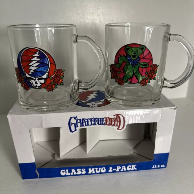 SET OF 2 Grateful Dead Steal Your Face Dancing Bears Glass Coffee Mugs 17.5 Oz