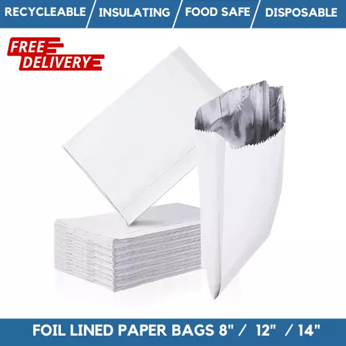 Foil Lined White Paper Bag 8"/ 12"/ 14" Hot Food Bags, BBQ Bags, Takeaway Bags