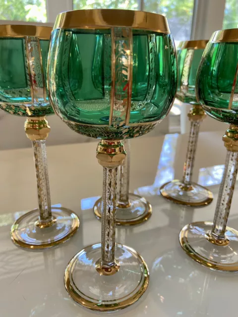 5 Bohemian Emerald Green Cabochon Panels Gilded WINE HOCKS 8.25”H