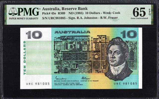 Australia 10 Dollars P45e R309 1985 Johnston Fraser PMG65 Gem UNC EPQ Banknote