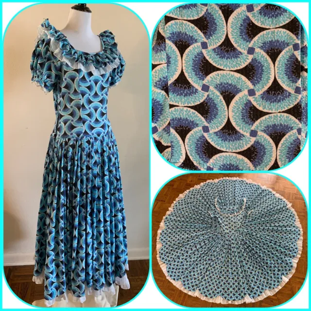30s 40s Scallop Hem Prairie Farm Dress Ruffle Op Art Geometric Waffle Cotton VTG