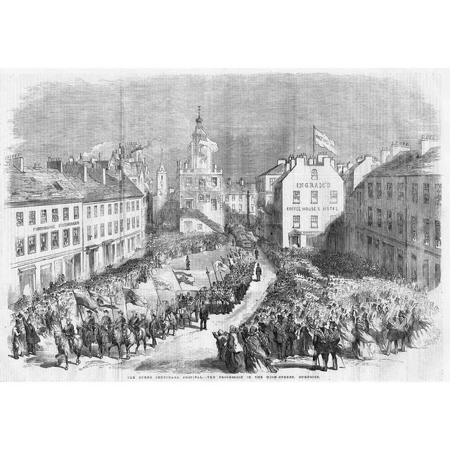 DUMFRIES Robert Burns Centenary Procession in the High Street-Antique Print 1859