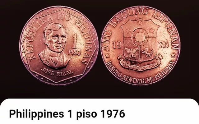 1976 Philippines One (1) Piso Coin BONUS OFFERS. Jose Rizal, Coat Of Arms.