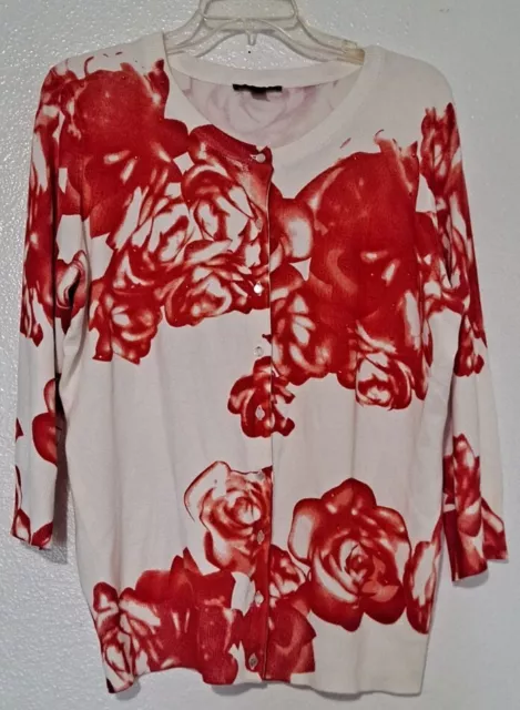 Cyrus Women's Red Rose Floral Beaded Sweater Cardigan Size XL Button 3/4 Sleeve