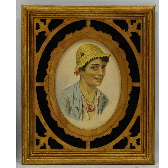 ANCIENNE PEINTURE SIGNÉE Portrait De Femme Miniature Cadre Laiton Doré